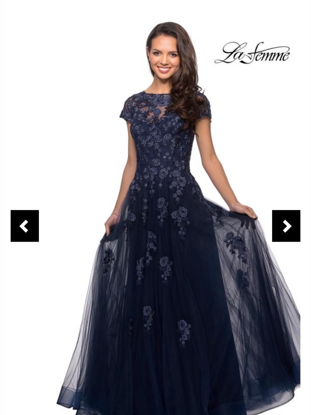 La Femme Navy Floral Lace Appliqué Maxi Gown